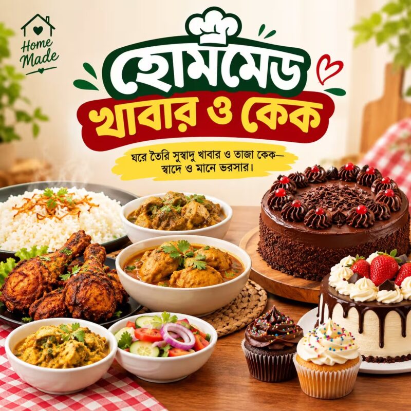 ঘরে তৈরি সুস্বাদু খাবার ও তাজা কেক—স্বাদে ও মানে ভরসার।